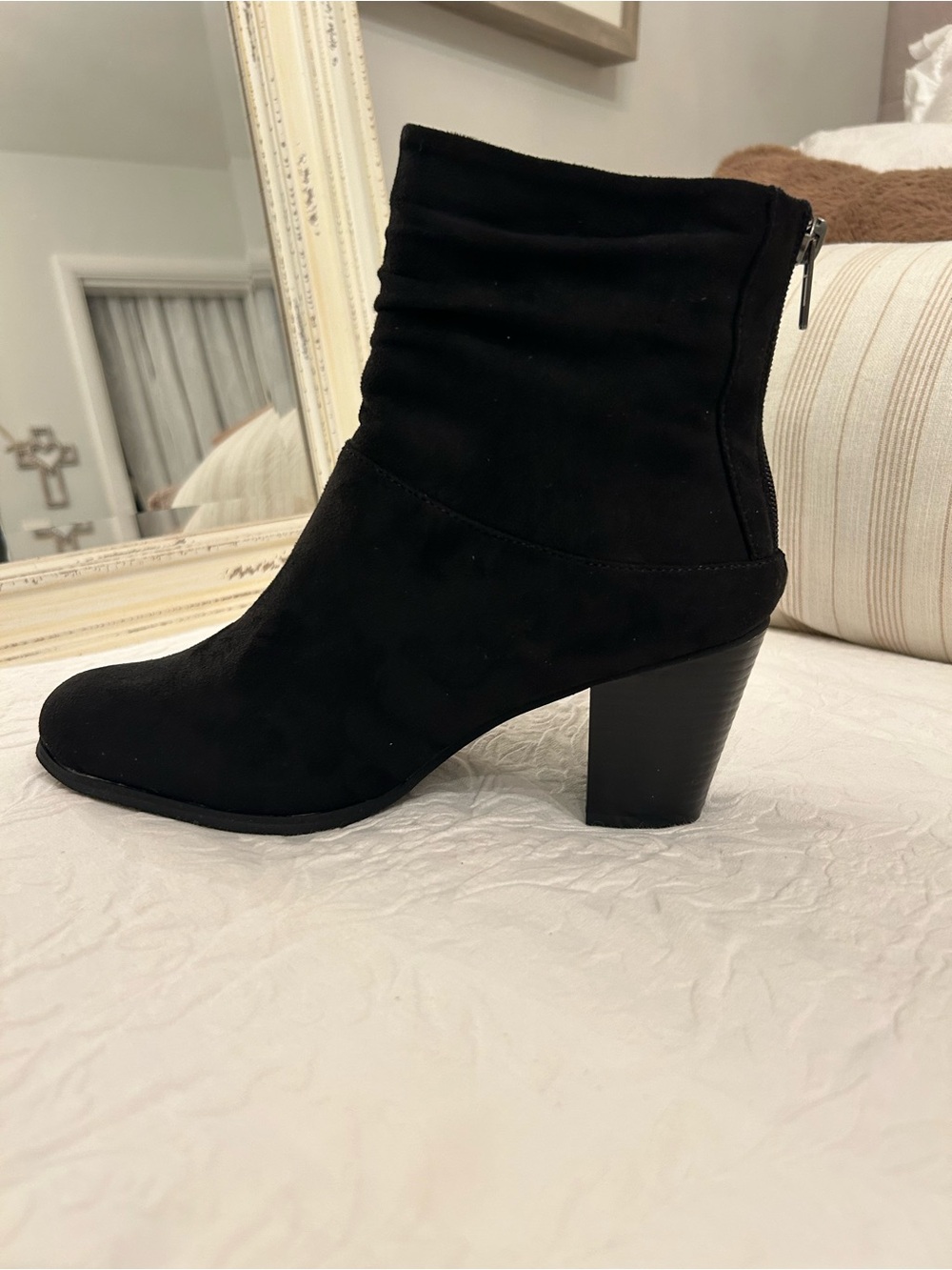 Black Suede Ankle Bootie with Block Heel - Women